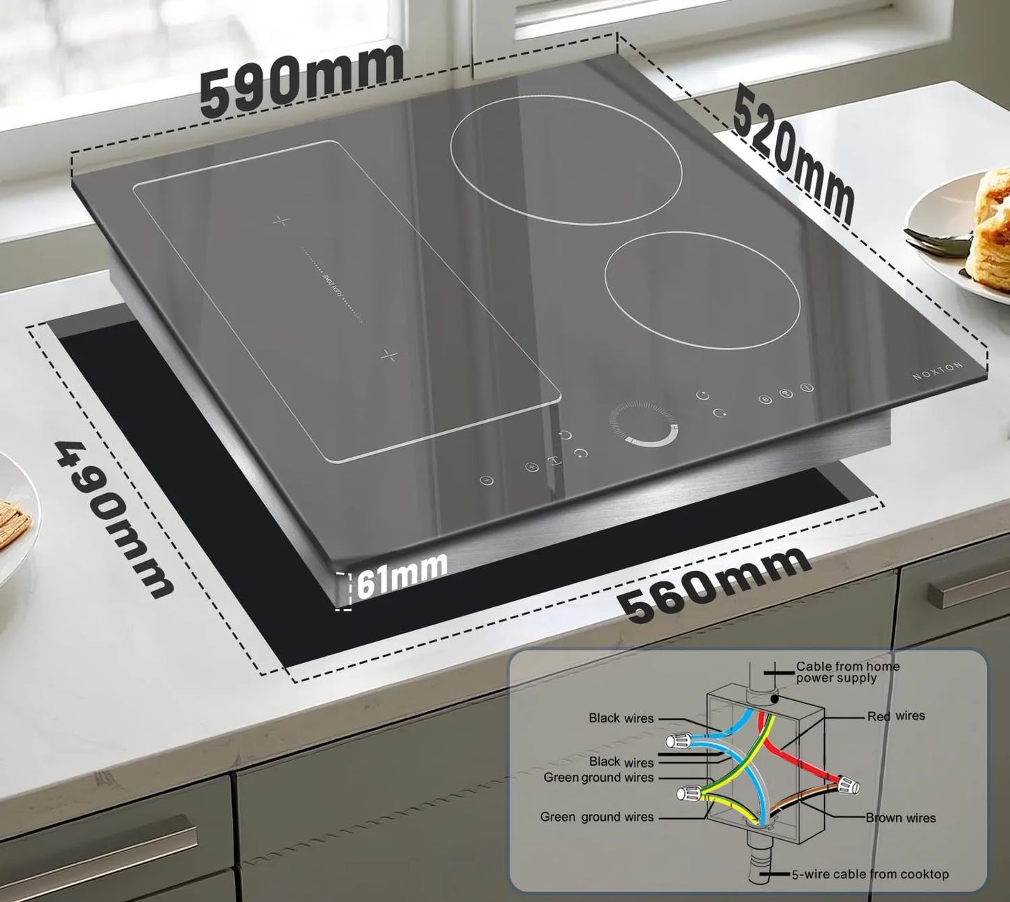 NOXTON 24Inch Induction Hob, 4 Burners with Flex Zone, Power Boost, Pause, 9 Power Levels, Safety Lock, 7200W, 240V Hard wired