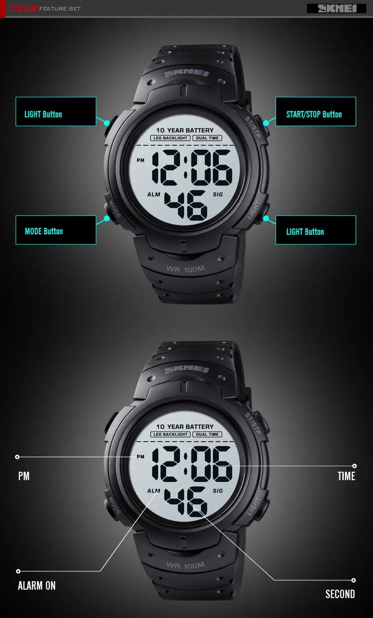 Skmei Led Light Display Chrono Digital Sport Watches Mens 10bar Top Waterproof Wristwatch 10 Year Battery Life Alarm Date Clock
