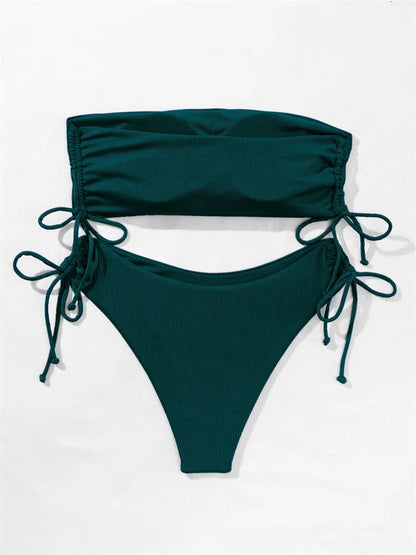 2025 Sexy Low Waist Swimwear New Solid Bandeau Bikini Set Women Push Up Drawstring Beachwear Swimsuit Backless bathing suit