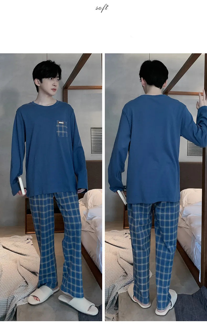 Spring Autumn Plus 4XL Knitted Men's Sleepwear Letter Lattice Pajamas Plaid Pajamas Sets Casual Loungewear Pyjamas Night Fashion