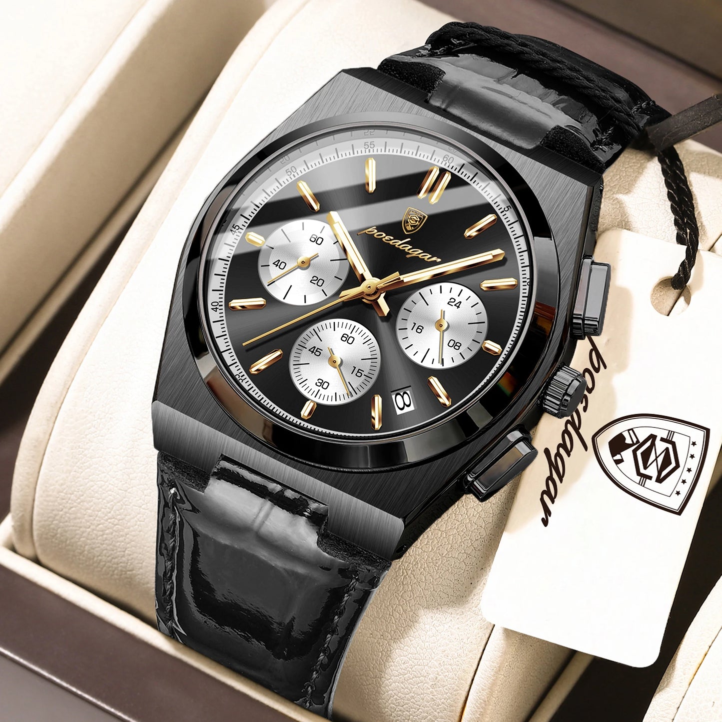 POEDAGAR Business Functional Male Watch Waterproof Luminous Chronograph Date Sports Men Wristwatch Leather Men's Quartz Watches