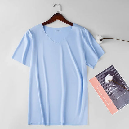 Men's Skinny Undershirt Plus Size Ice Silk Basic Shirts Breathable V-Neck Seamless T-shirt Underwear Thin Slim Bottoming Shirt