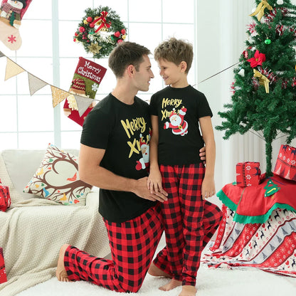2025 New Year's Costume Short Sleeve Christmas Pajamas Set Matching Outfits for Family/Couples/Kids T-shirt+Trousers Sleepwear