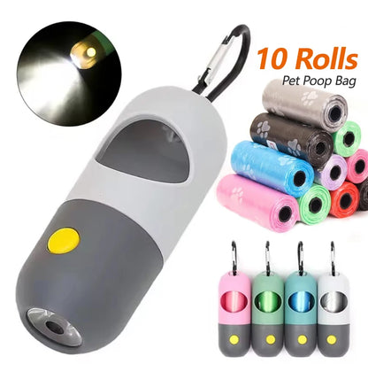 LED Lighted Dog Poop Bags Dispenser Portable with 10 Rolls Waste Bags Degradable for Outdoor Night Dog Walking Cat Cleaning