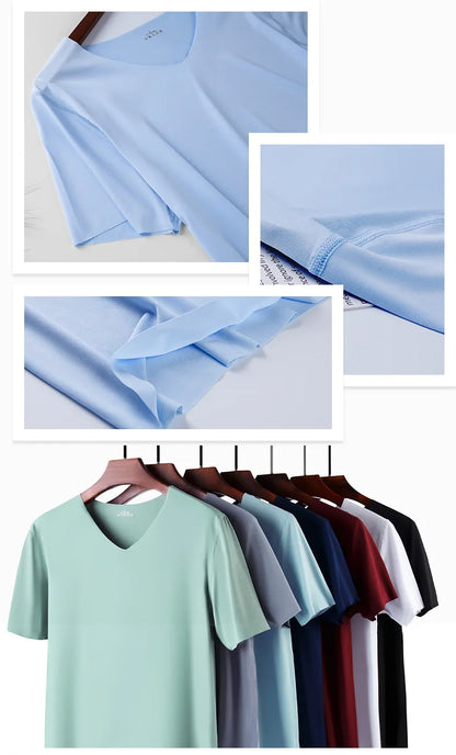 Men's Skinny Undershirt Plus Size Ice Silk Basic Shirts Breathable V-Neck Seamless T-shirt Underwear Thin Slim Bottoming Shirt