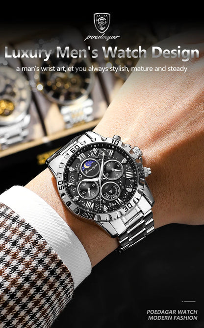 POEDAGAR Luxury Brand Men Watch Chronograph Waterproof Stainless Steel Luminous Male Watch Quartz Fashion Watches For Men Reloj