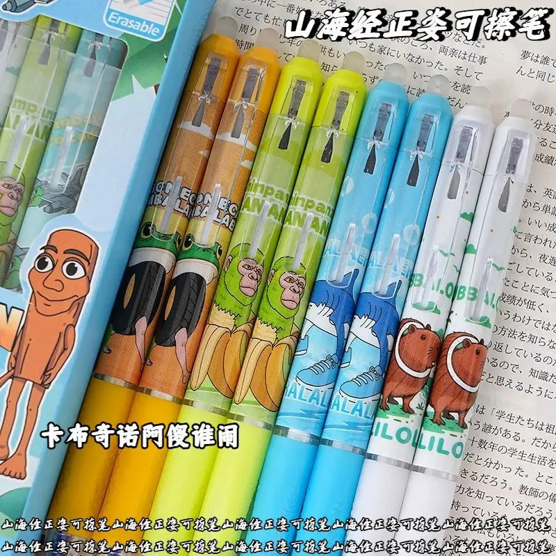 6/12PCS Italian Brainrot Tung Erasable Gel Pen Cute Anime Cartoon Quick Drying Black 0.5mm Ballpoint Pen Stationery Supplies