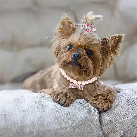 Bling Pearl Dog Collar Small and Medium Dogs Crown Hair Clips Puppy Accessories Doggy Heart and Bone Necklace Pet Supplies