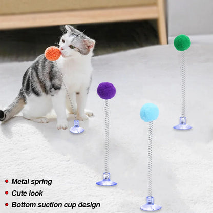 1pc Feather Spring Cat Interactive Toy Suction Cup Cat Fur Ball Teaser Wand Toys Cat Scratcher Toys Pet Supplies Random Color