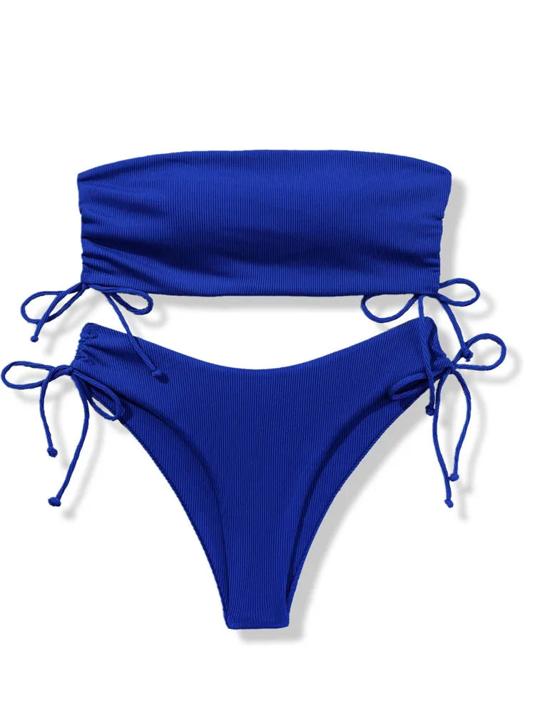2025 Sexy Low Waist Swimwear New Solid Bandeau Bikini Set Women Push Up Drawstring Beachwear Swimsuit Backless bathing suit