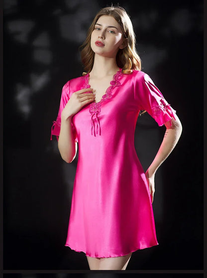 New Summer Women Sleepwear Ice Silk Nightdress Robe Sexy Lingerie Nightgown Lady Homewear Female Night Home