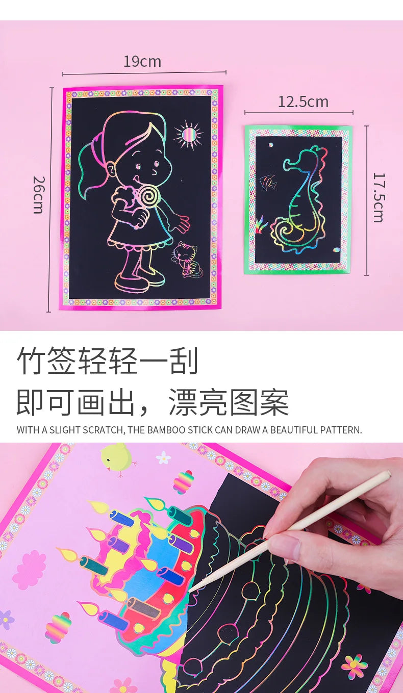 10Pcs Scratch Art Paper Magic Painting Paper with Drawing Stick Drawing Toys Kids Learning Educational Toys for Children Gifts