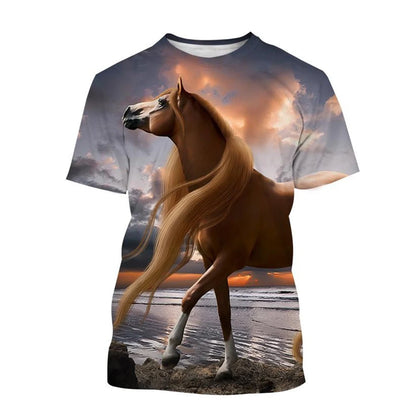 Summer hot selling fashion animal horse 3D printing print neutral casual Harajuku style comfortable short sleeved top