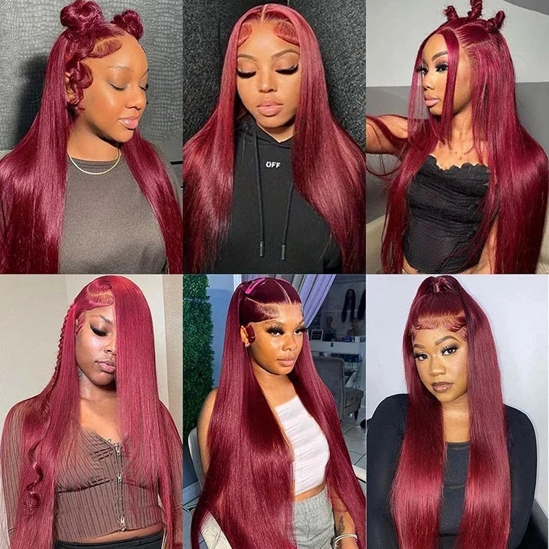 13x4 99j Burgundy Lace Front Wig 13x6 Straight Lace Frontal Wigs HD Transparent Lace Colored Remy Red Human Hair Wigs For Women