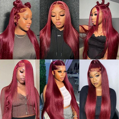 13x4 99j Burgundy Lace Front Wig 13x6 Straight Lace Frontal Wigs HD Transparent Lace Colored Remy Red Human Hair Wigs For Women