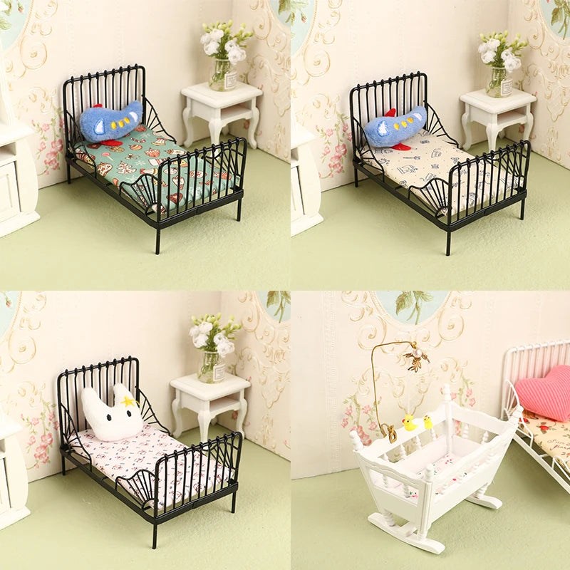 1:12 miniature bed for dolls Dollhouse Iron doll bed Furniture toy children simulation house role play toys collection gifts