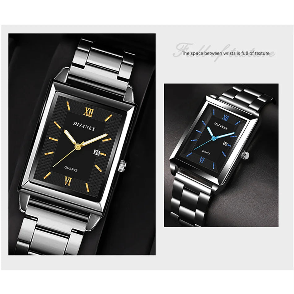 Fashion Mens Business Watches for Men Rectangle Stainless Steel Quartz Wrist Watch Man Casual Leather Watch relogio masculino