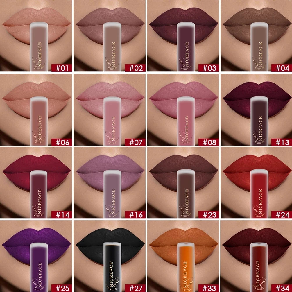 NICEFACE Nude Matte Liquid Lipsticks Waterproof Long Lasting Lip Gloss Sexy Red Velvet Lip Tint Women Makeup Cosmetics Batom