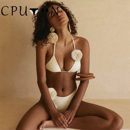2026 New Sexy White 3D Flower Solid Two Piece Push Up Bikini Set Luxury Swimwear Women Swimsuit Beachwear Summer Bathing Suit