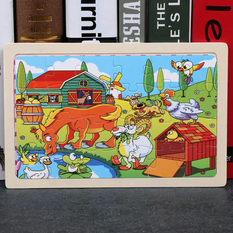 New 24 Pieces Wooden Puzzles Cartoon Animal Wood Jigsaw Learning Toys for GIFT
