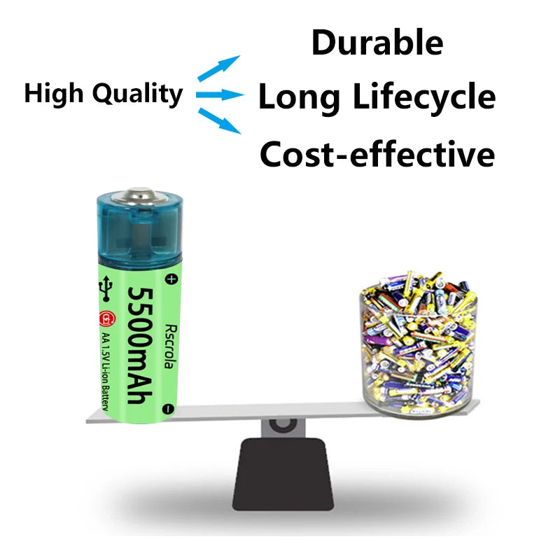 Universal AA Rechargeable Battery Durable 5500mAh Li-ion Battery AA USB Direct Charging for Toys Clocks Game Controllers Cameras