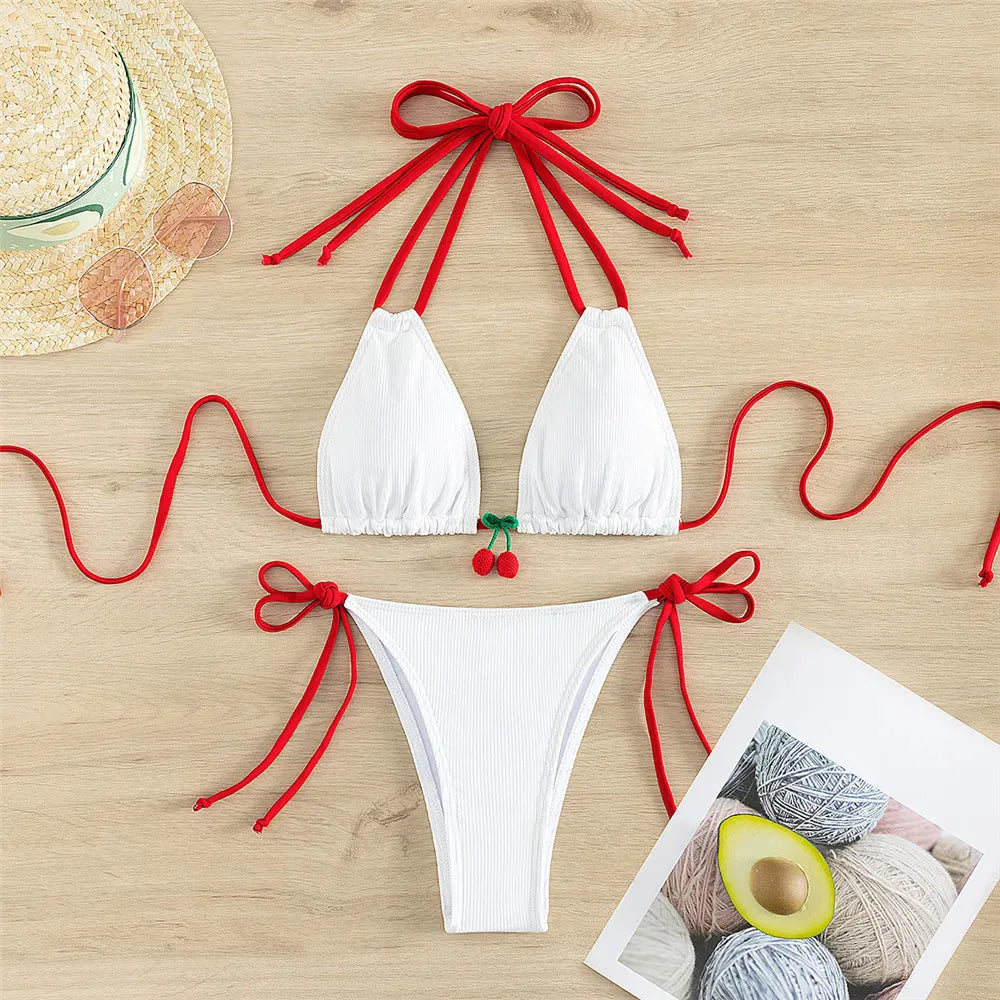 Cute Cherry Micro Bikinis Sets Mini Thong Sexy Swimsuit Women String Halter Swimwear Triangle Bikini Mujer Bathing Suit Biquinis