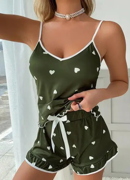 Summer 2pieces Pajama Set for Women Sleepwear Spaghetti Strap Vest Top and Shorts Soft Casual Cute Printed Longewear
