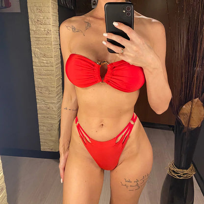 Bandeau Metal Rings Bikini Women Swimwear Female Swimsuit Two-pieces Bikini set Wrinkled High Cut Bather Bathing Suit Swim V5952