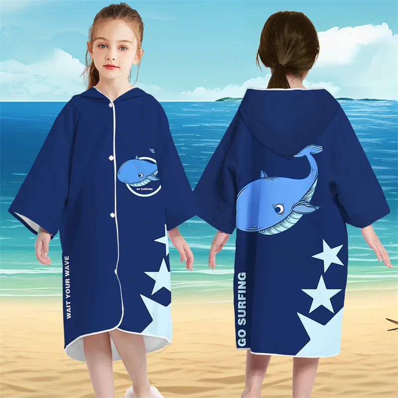 Kids Hooded Bath Beach Poncho Towels Microfiber Swim Cover-ups Surf Poncho Quick Dry Changing Bathrobe Child Swimming Towels