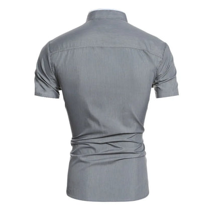 Summer men's stand collar solid color block short sleeve shirt casual fashion single breasted men's contrast shirt