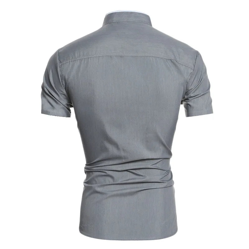 Summer men's stand collar solid color block short sleeve shirt casual fashion single breasted men's contrast shirt