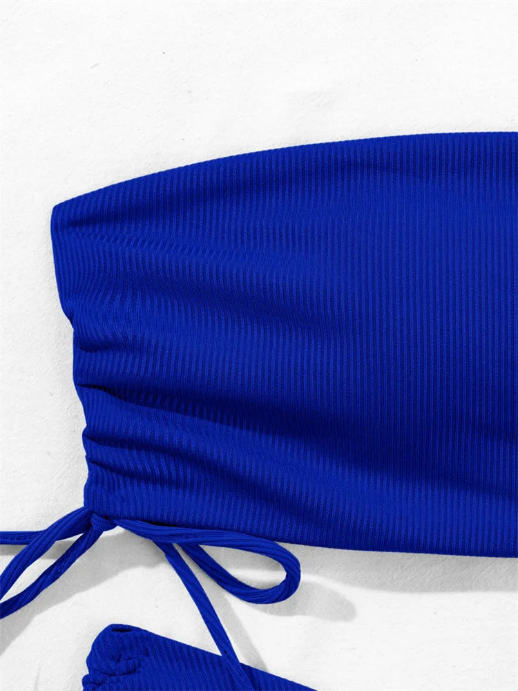 2025 Sexy Low Waist Swimwear New Solid Bandeau Bikini Set Women Push Up Drawstring Beachwear Swimsuit Backless bathing suit