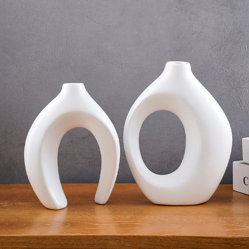Hollow Nordic Modern  Vase Set of 2 for Modern Home Decor,Plastic imitation ceramic Hollow Flower Vases for Living Room
