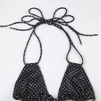 2025 Summer Vacation Beach 2 Piece Set Women Sexy Polka Dots Print Lace Up Halter Bra + Ruffles Micro Mini Skirts Swimsuit