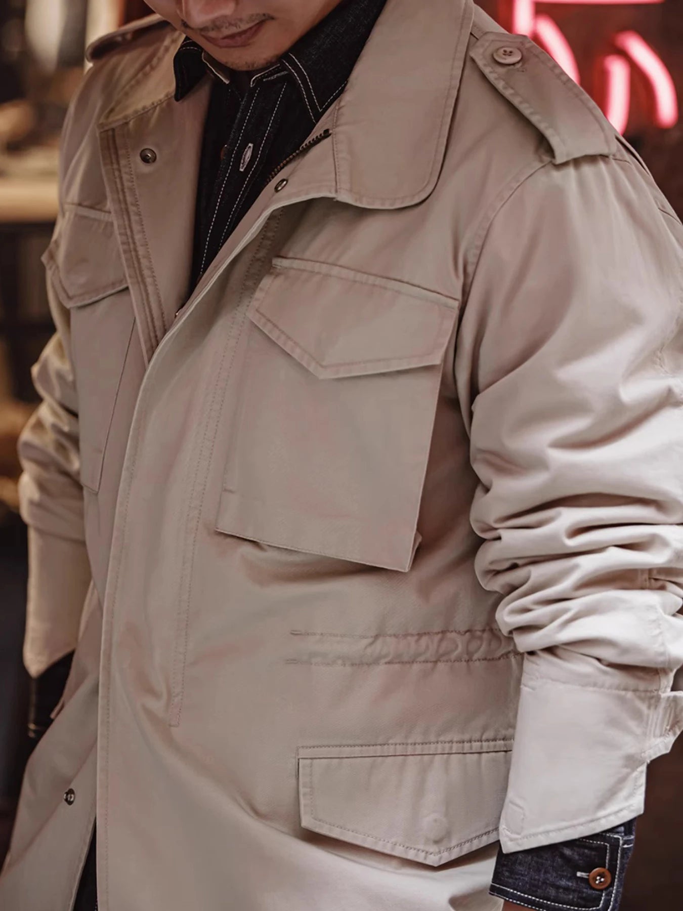 M65 Field Jacket, Men's Military Jacket, Retro Multi Pocket Collar Zipper Jacket, 100% Cotton