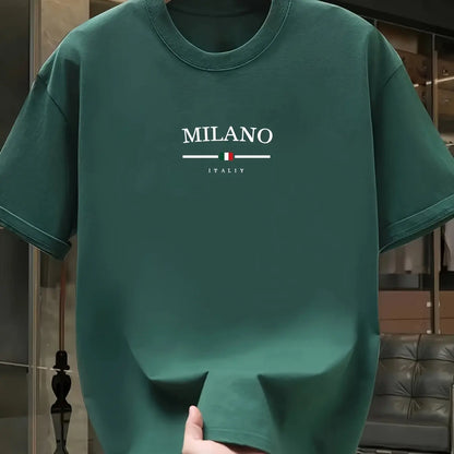 Men's 100% pure cotton fashionable casual loose Italian style Milan letter printed round neck short sleeved T-shirt top