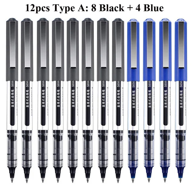 Deli Rollerball Pens, 12 Pack Blue/ Black Liquid Ink Ballpoint Gel Pens, 0.5 mm Fine Tip Rolling Ball Pens for Writing Drawing