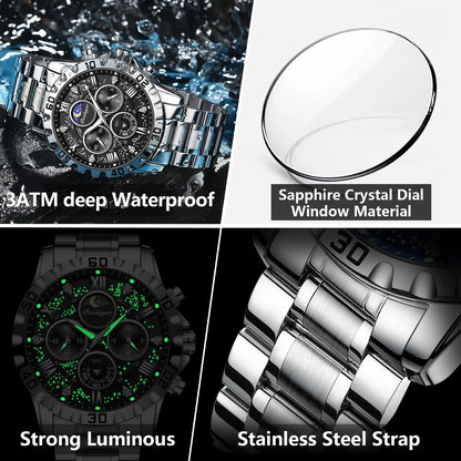 POEDAGAR Luxury Brand Men Watch Chronograph Waterproof Stainless Steel Luminous Male Watch Quartz Fashion Watches For Men Reloj