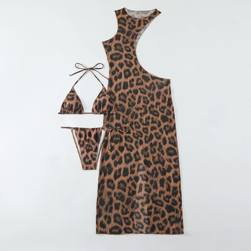 CM.YAYA Women Beach Bikini Set with Cutout Leopard Printed Sexy Long Bodycon Swimsuit Three 2 Piece Set Swimwear Bathing Suit
