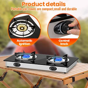 28,000 BTU 2-portable Gas stove, tempered glass cooking plate, pizo ignition, high power indoor and camping