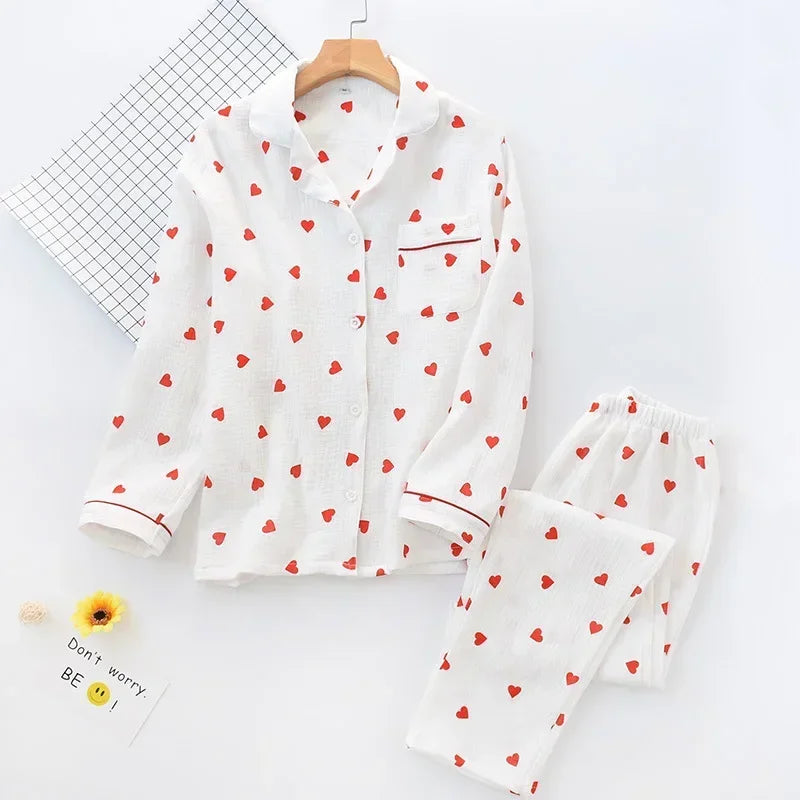Smal Heart Printing Pink White Colors Women Trousers Pajama Set Cotton Sleepwear Clothes for Spring and Autumn Home Clothing