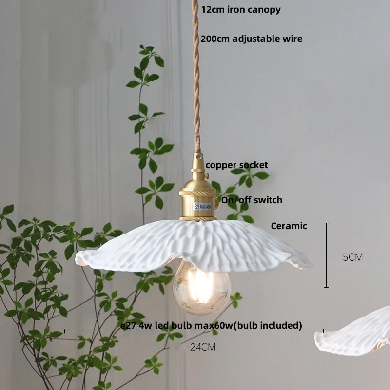 IWHD White Ceramic LED Pendant Lamp Bedroom Study Balcony Wire Adjustable Copper Socket Nordic Modern Home Decor Hanging Lights