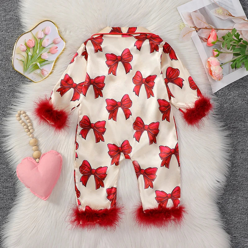 VISgogo Baby Girls Pajamas Long Sleeve Bow Print Furry Patchwork Button Closure Jumpsuit Sleepwear Loungewear
