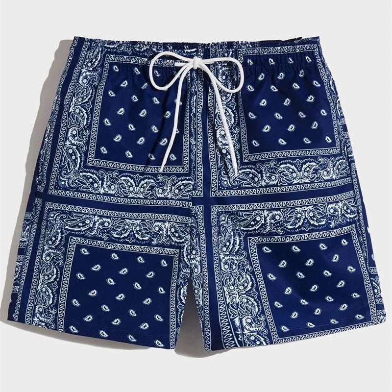 Classic Perris Pattern Beach Short For Men Retro Print Drawstring Board Shorts Sea Vacation Casual Fashion Hawaii Swim Trunks