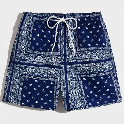 Classic Perris Pattern Beach Short For Men Retro Print Drawstring Board Shorts Sea Vacation Casual Fashion Hawaii Swim Trunks
