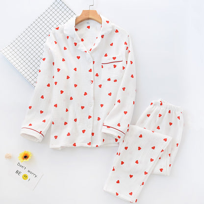 Smal Heart Printing Pink White Colors Women Trousers Pajama Set Cotton Sleepwear Clothes for Spring and Autumn Home Clothing