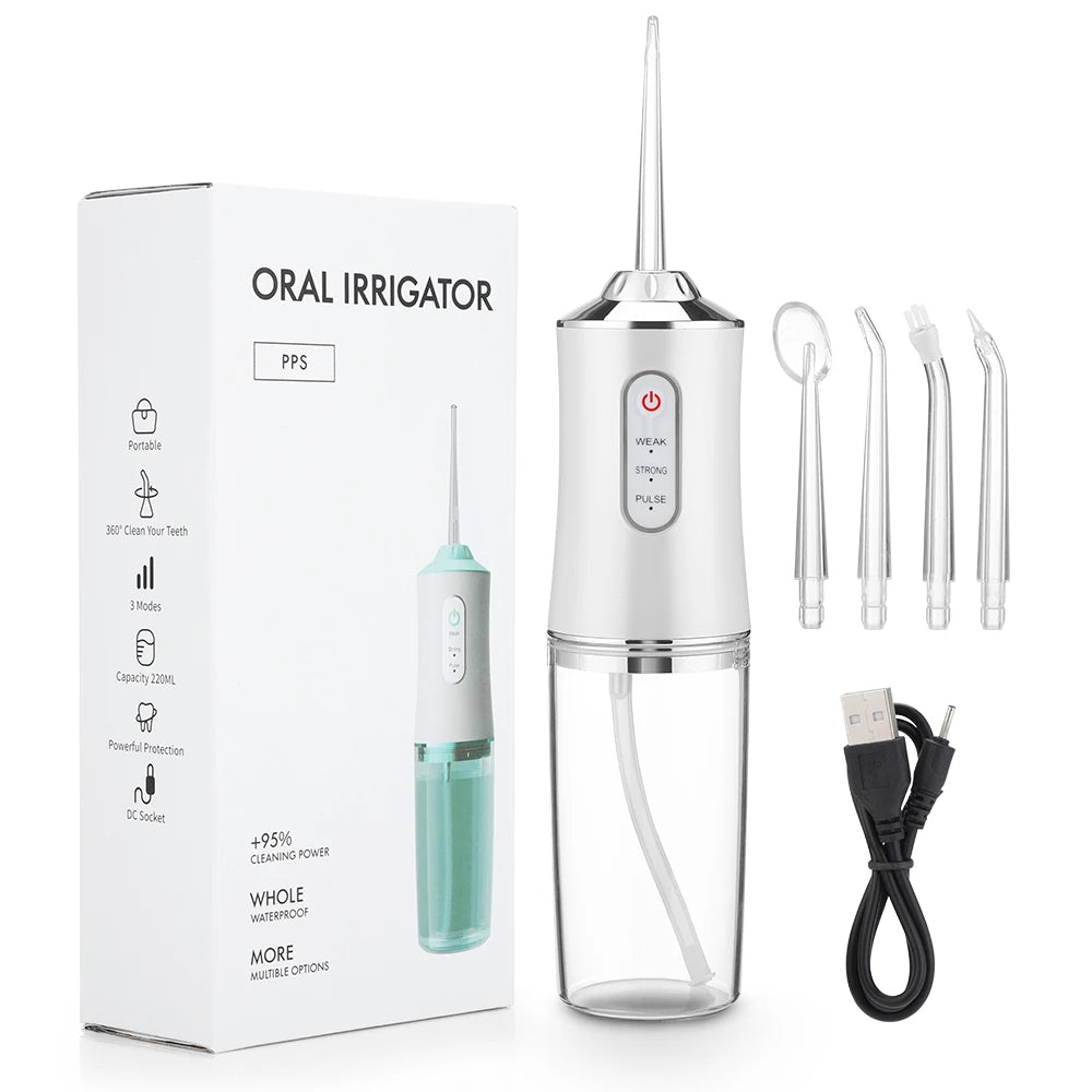 Portable Oral Irrigator Dental Water Flosser USB Water Jet Floss 4 Jet Tip 220ml 3 Modes IPX7 1400rpm Mouth Washing Machine