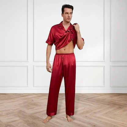 2Pcs/Set Silk Satin Men Pajama Set Notch Collar Button Down Pajama Top with Chest Pocket Elastic Waist Bottoms Set Sleepwear