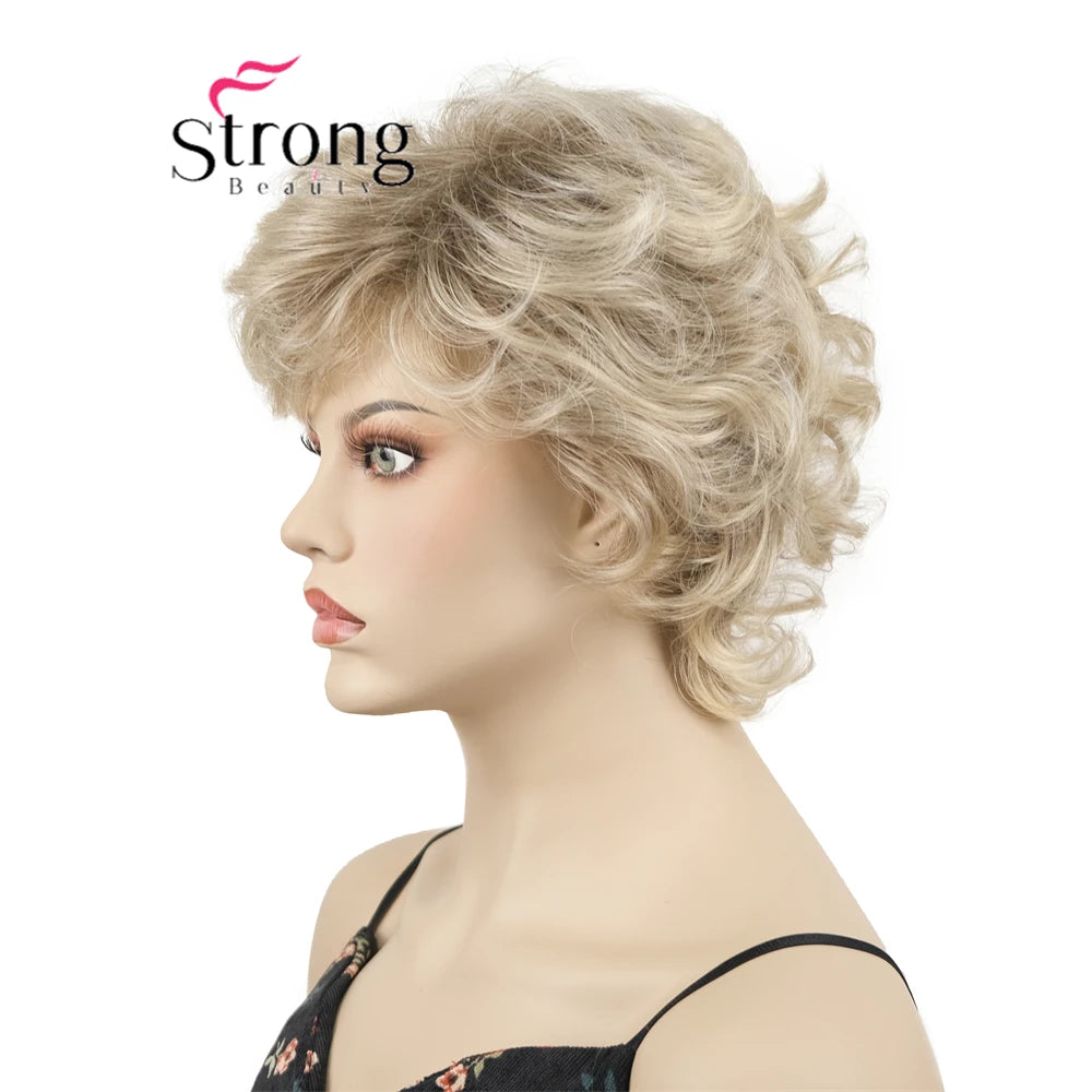 Ombre Blonde Short Curly Wavy Wig with Hair Bangs 100% Imported Premium Synthetic Fashion Blonde Hair Wigs for Women