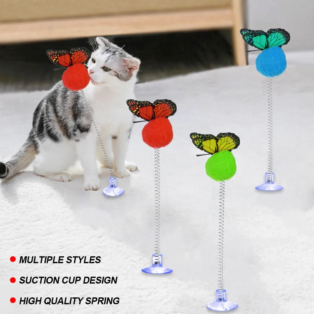 1pc Feather Spring Cat Interactive Toy Suction Cup Cat Fur Ball Teaser Wand Toys Cat Scratcher Toys Pet Supplies Random Color